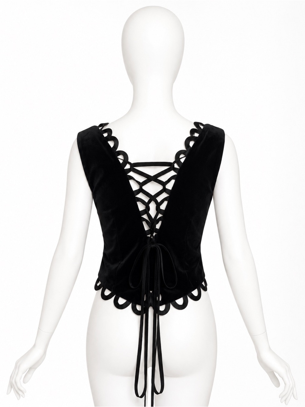 Vintage 1990s Moschino Cheap and Chic Black Scalloped Lace-Up Back Vest